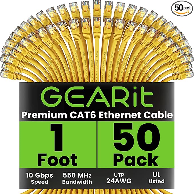 GEARit Cat 6 Ethernet Cable (50-Pack 1 Foot) Cat6 Network Patch, 10Gbps, RJ45, Snagless Cord, Gold-Plated Connectors, Internet for PC, TV, Tablet, Router, Printer, Servers, IT Data Center - Yellow