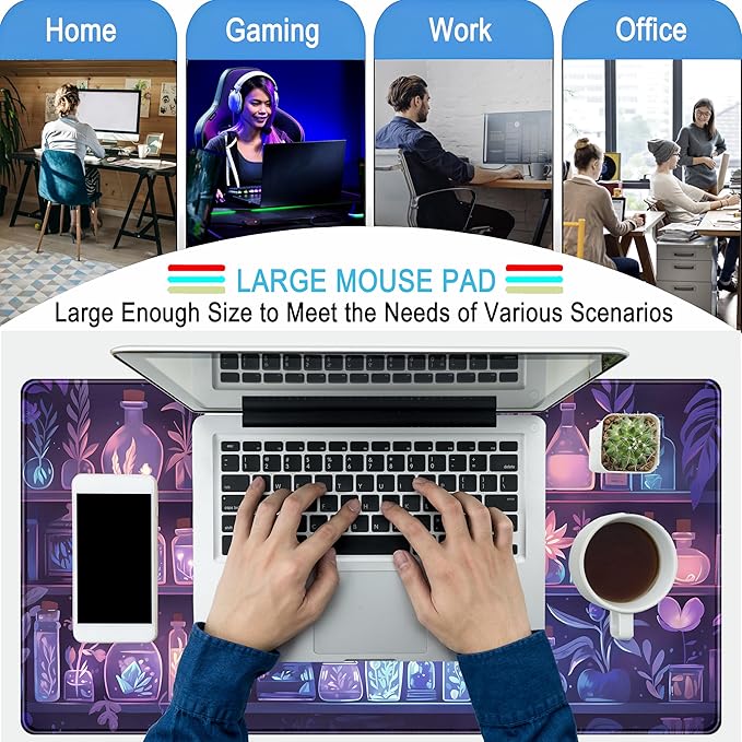 Cute Cozy Purple Gaming Desk Mat, Mystical Potion Bottles Mouse Pad XXL Large Extended Aesthetic Apothecary Shelf Desk Pad, Fun Computer Desktop Pad Mat Laptop Keyboard and Mouse Mat 31.5x15.7 in