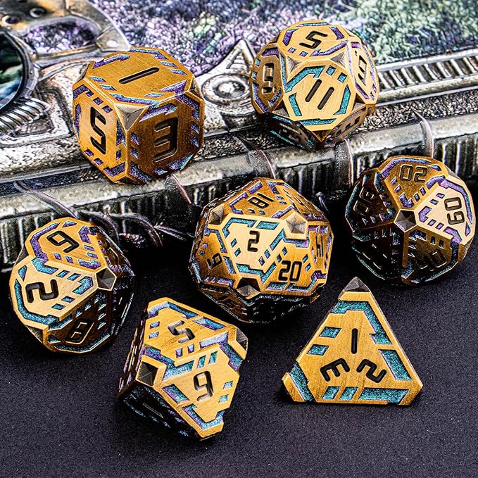 Metal DND Sci-fi Dice Set 7PCS Stripe Polyhedral Dice for Dungeons Dragons RPG Role Playing Game, Glitter D and D Dice with Gift Box D6 D8 D10 D12 D20 (Ancient Gold&Green Purple)
