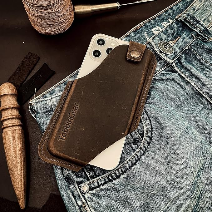 TobbinGear Leather Cell Phone Holster with Belt Clip, Universal Phone Holster for Men Belt Holder, Leather Case for iPhone, Samsung Galaxy Phones, Dark Brown, Large