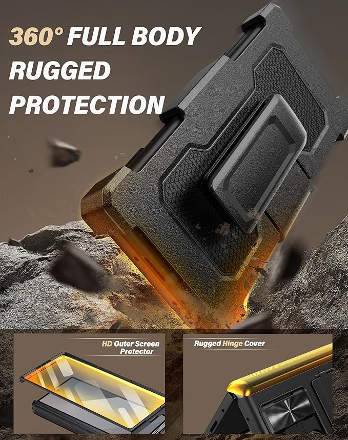 Vihibii for Samsung Galaxy Z Fold 6 Case with Belt Clip Holster & Card Holder & Slide Camera Cover & Hinge Protection & Screen Protector, Shockproof Rugged Wallet Case for Galaxy Z Fold 6, Black