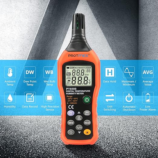 Protmex PT6508 Temperature Humidity Meter, Digital Thermometer Hygrometer Monitor with Ambient, Dew Point, Wet Bulb for Indoor/Outdoor MIN, MAX, Data Hold, LCD Backlight