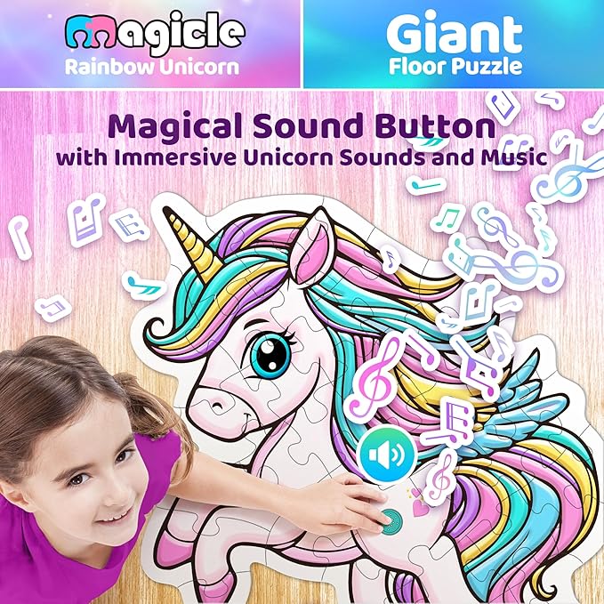 Rainbow Unicorn Giant Floor Puzzle with Sounds, 35 Piece Extra Thick Puzzles, Unicorn Toys for Girls Age 4-6, Floor Puzzles for Kids Ages 3-5 and 6 Year Old Gifts