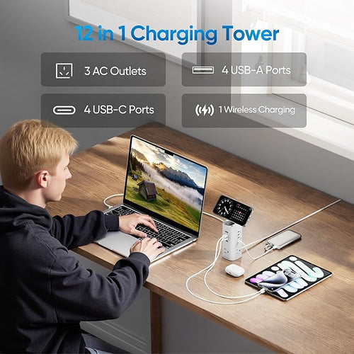 115W Fast Charging Station, TenTrend Power Strip Tower Surge Protector, 5FT Extension Cord with 3AC Outlets & 8 USB Ports(4 USB-C), Flat Plug Charging Tower for Home, Office Supplies, Dorm Room