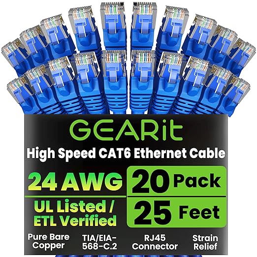 GEARit Cat 6 Ethernet Cable Pack - 20-Pack 25 ft Cat6 Ethernet Patch Cables | RJ45 Network Patch Cable, 10 Gbps Snagless Gold-Plated Connectors - Ethernet Cable Cat 6 for PC, TV, Router - Blue