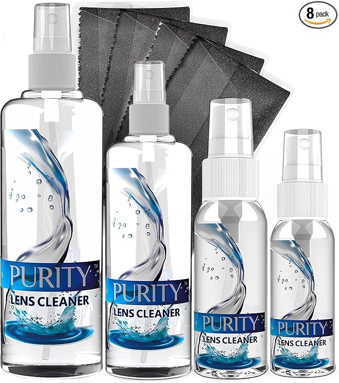 Purity Eyeglass Cleaner Family Pack - Multi-Size Lens Cleaner Kit - 1x1oz, 1x2oz, 1x4oz, 1x8oz Bottles + 4 Premium Microfiber Cloths - Safe for All Lenses, Eyeglasses, & Screens - Streak-Free Formula