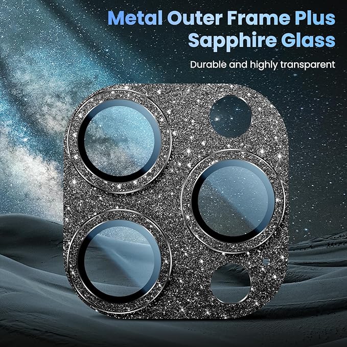 Uyiton Compatible with iPhone 16 Pro/iPhone 16 Pro Max Camera Lens Protector - [Not Easy to Break][Strong Adsorption][Case-Friendly] Metal Tempered Glass Rear Camera Screen Cover - Glitter Black