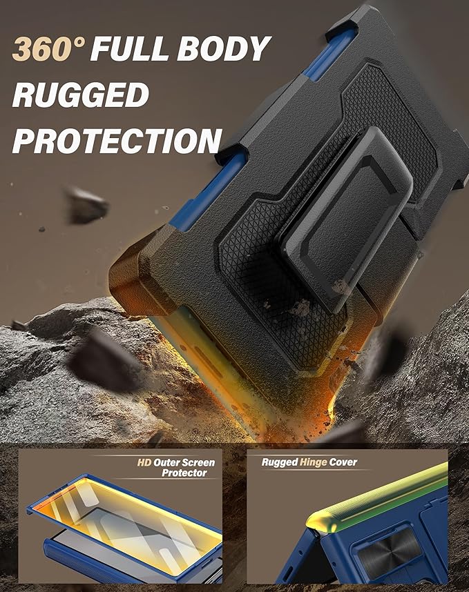 Vihibii for Samsung Galaxy Z Fold 6 Case with Card Holder & Belt Clip Holster & Camera Cover & Hinge Protection & Screen Protector, Durable Rugged Protective Wallet Case for Samsung Z Fold 6, Blue