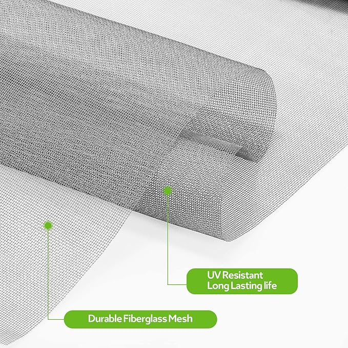 FLYZZZ Window Screen Door Repair Kit, 48"x118" Fiberglass Mesh Replacement with Roller Tool/Hook/Spline/Cutter/Clips/Ruler, 7-in-1 Sliding Patio Door & Screen Door Repair Kit, Gray