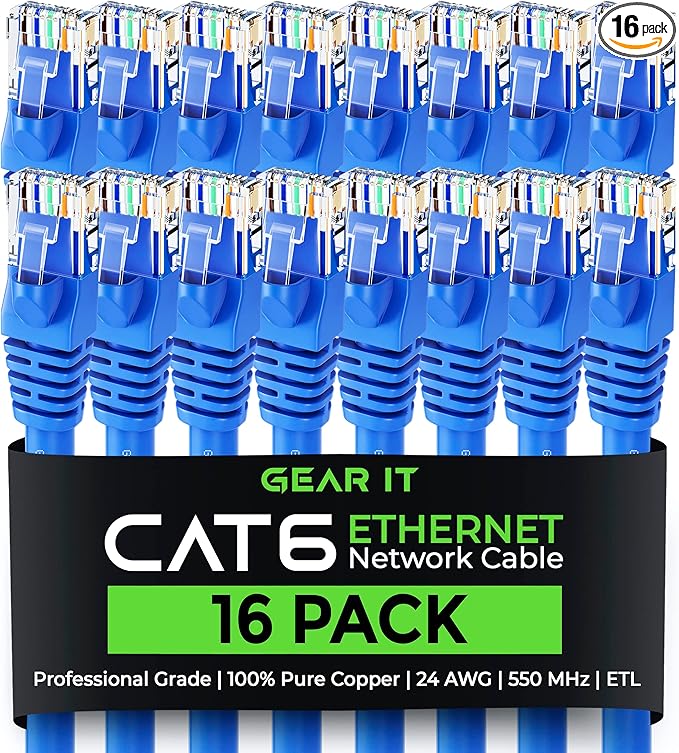 GearIT Cat 6 Ethernet Cable (16-Pack 7 Feet) Cat6 Network Patch, 10Gbps, RJ45, Snagless Cord, Gold-Plated Connectors, Internet for PC, TV, Tablet, Router, Printer, Servers, IT Data Center - Blue