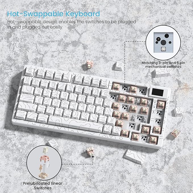 Womier SK80 75% Percent Keyboard with Color Multimedia Display Mechanical Gaming Keyboard Topographic, Hot Swappable Gasket Mount RGB Creamy Key Board Pre-lubed POM Switch for Mac/Win,White