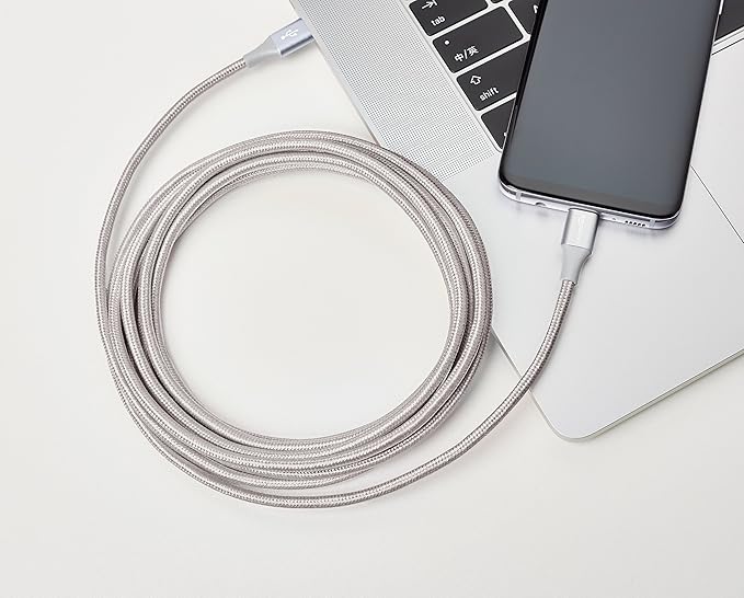 Amazon Basics USB-C to USB-C 2.0 Fast Charger Cable, Nylon Braided Cord, 480Mbps Speed, USB-IF Certified, for Apple iPhone 16/15, iPad, Samsung Galaxy, Tablets, Laptops, 10 Foot, Silver